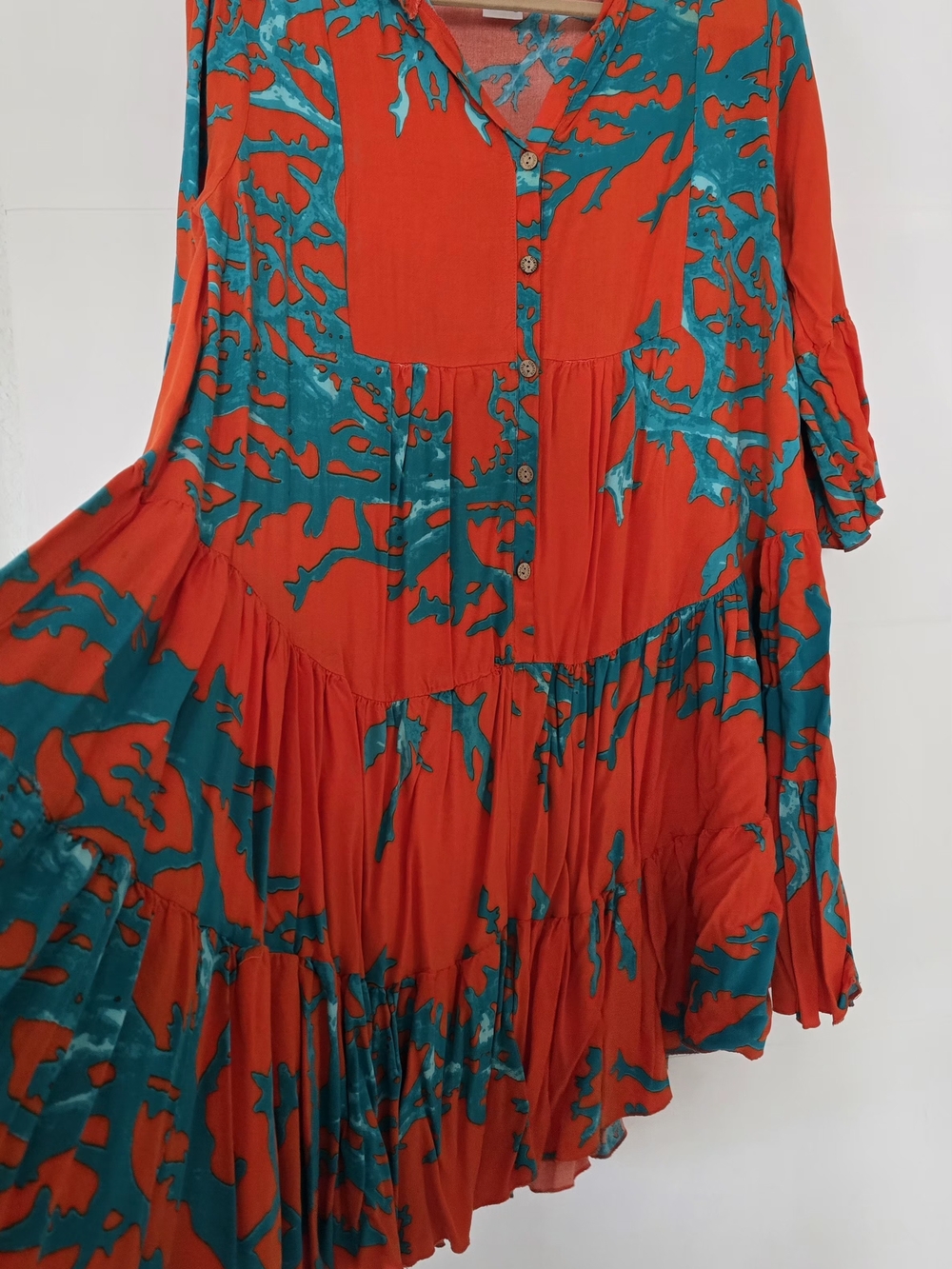 Turkis Otantik Cotton Coral Print Mini Dress Bell Sleeve Orange Turquoise L - Picture 5 of 9